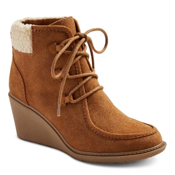 Mad Love Kensie Cognac Faux Suede Lace-up Wedge Ankle Boot Booties women’s 9.5M - Picture 1 of 11